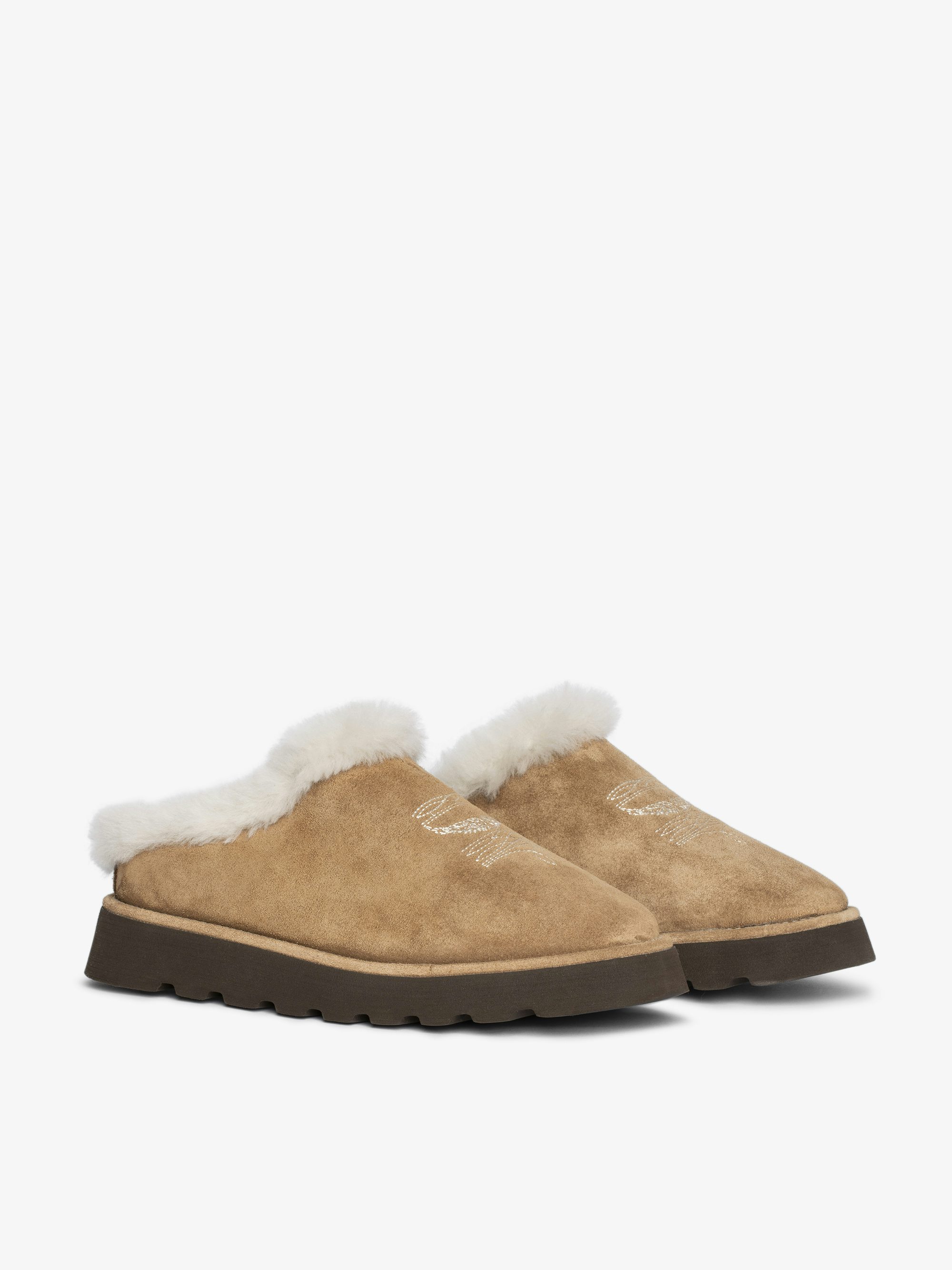 Teddy Shearling Mules - Suede and shearling mules adorned with signature embroideries.